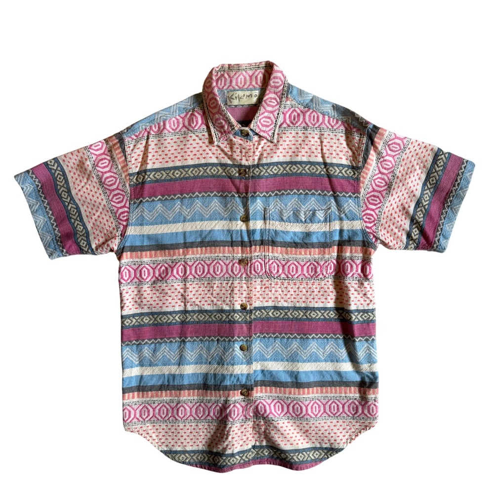 Kikomo Vintage Boho Festival Mens Button Down Shirt Multicolor Woven Jacquard